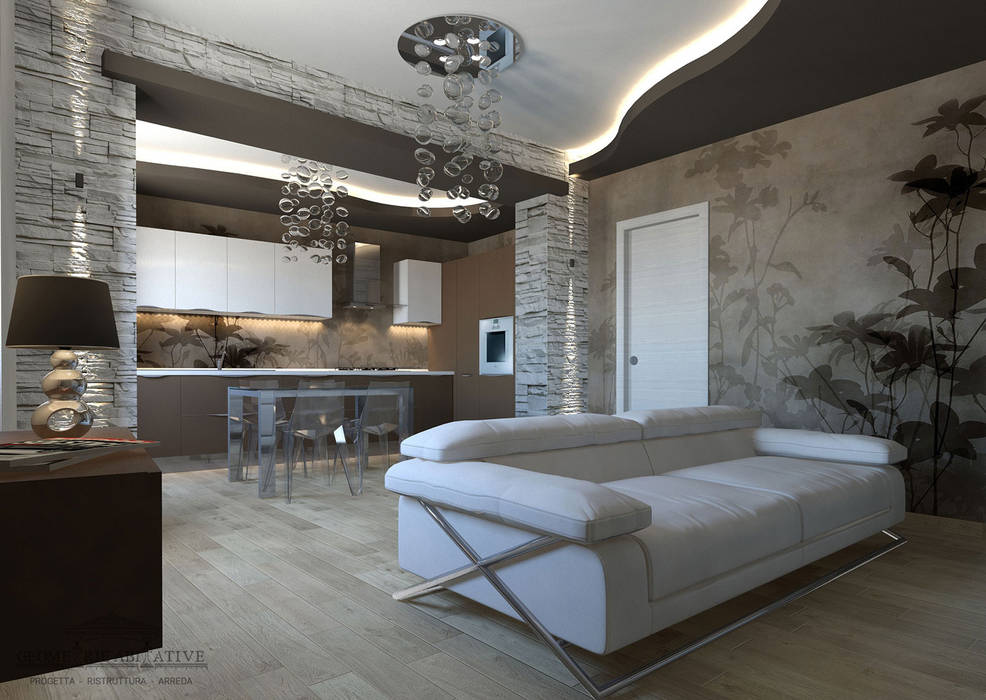 Zona living con carta da parati moderna soggiorno moderno for Arredamenti per interni moderni