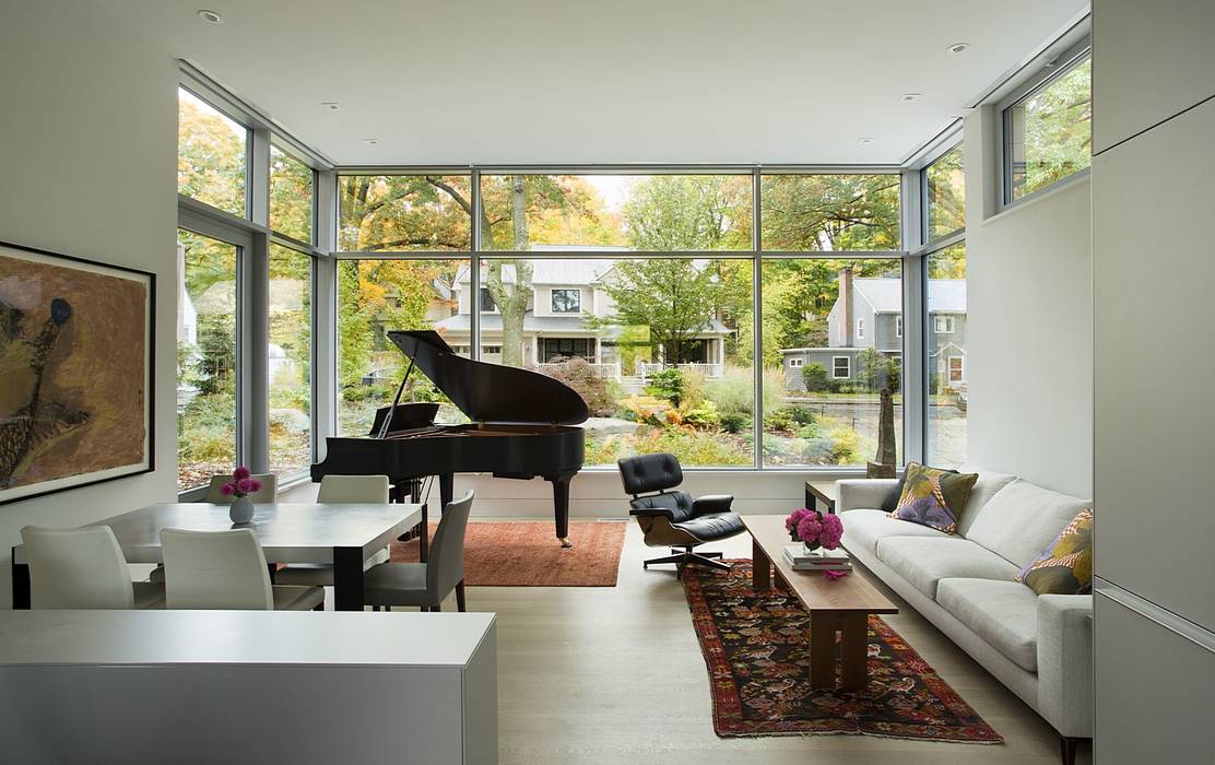 Open concept living area with grand piano ZeroEnergy Design Modern living room