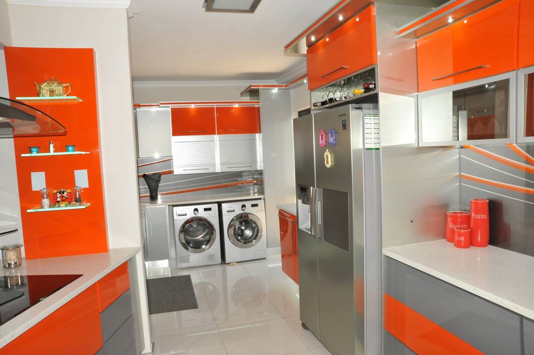 Orange and Silver Niemann Kitchen with Cesar Stone Work Tops., Expert Kitchens and Interiors Expert Kitchens and Interiors Kitchen