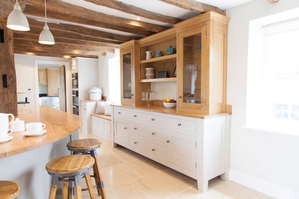 Old English - Bespoke kitchen project in Cambridgeshire Baker & Baker Rustic style kitchen dresser,seating area,tiled floor,beams,lighting