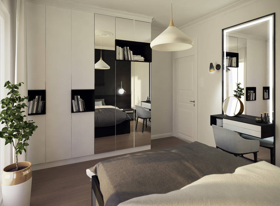 Sypialnia Mohav Design Minimalistyczna sypialnia sypialnia,czarna ściana,łóżko,minimalizm,elegancki,nowoczesny,projekt,szafa,toaletka