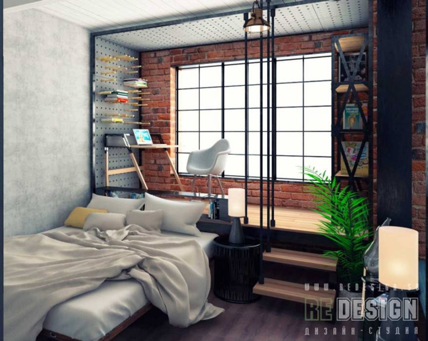 Однокомнатная квартира в стиле Loft , Студия дизайна интерьера "REDESIGN" Студия дизайна интерьера 'REDESIGN' Industrial style bedroom Bricks