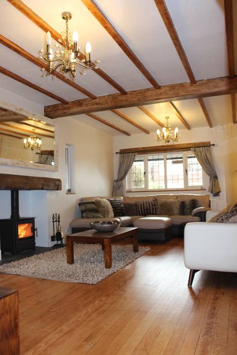 Lounge Living Room with Oak Beams after photos Lear's Creative Interiors Interior Design,Lounge,Living Room,Oak Beams,Chandeliers,Animal Print,before and after,woodburner,log burner