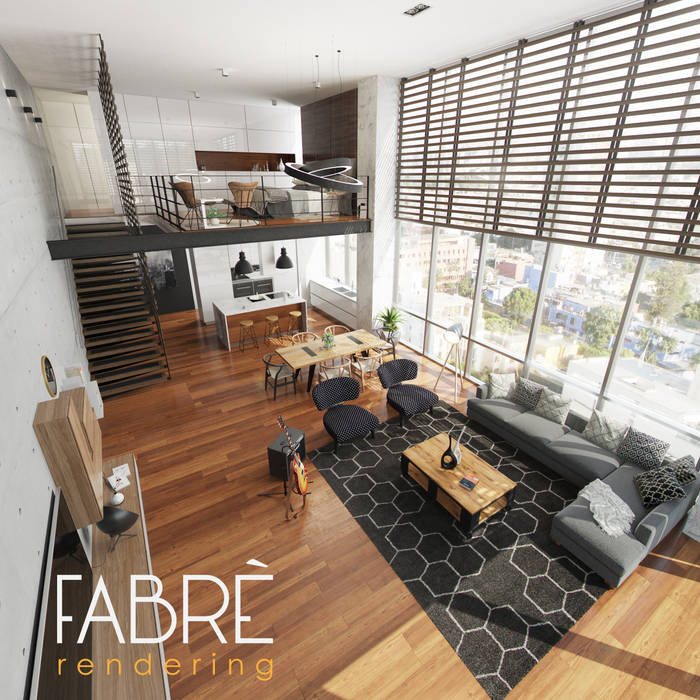 LOFT - ARMONIA FABRE STUDIOS Salas modernas LOFT,SALA COMEDOR,RENDERING,FABRE,RENDER,VRAY,CORONA RENDERER