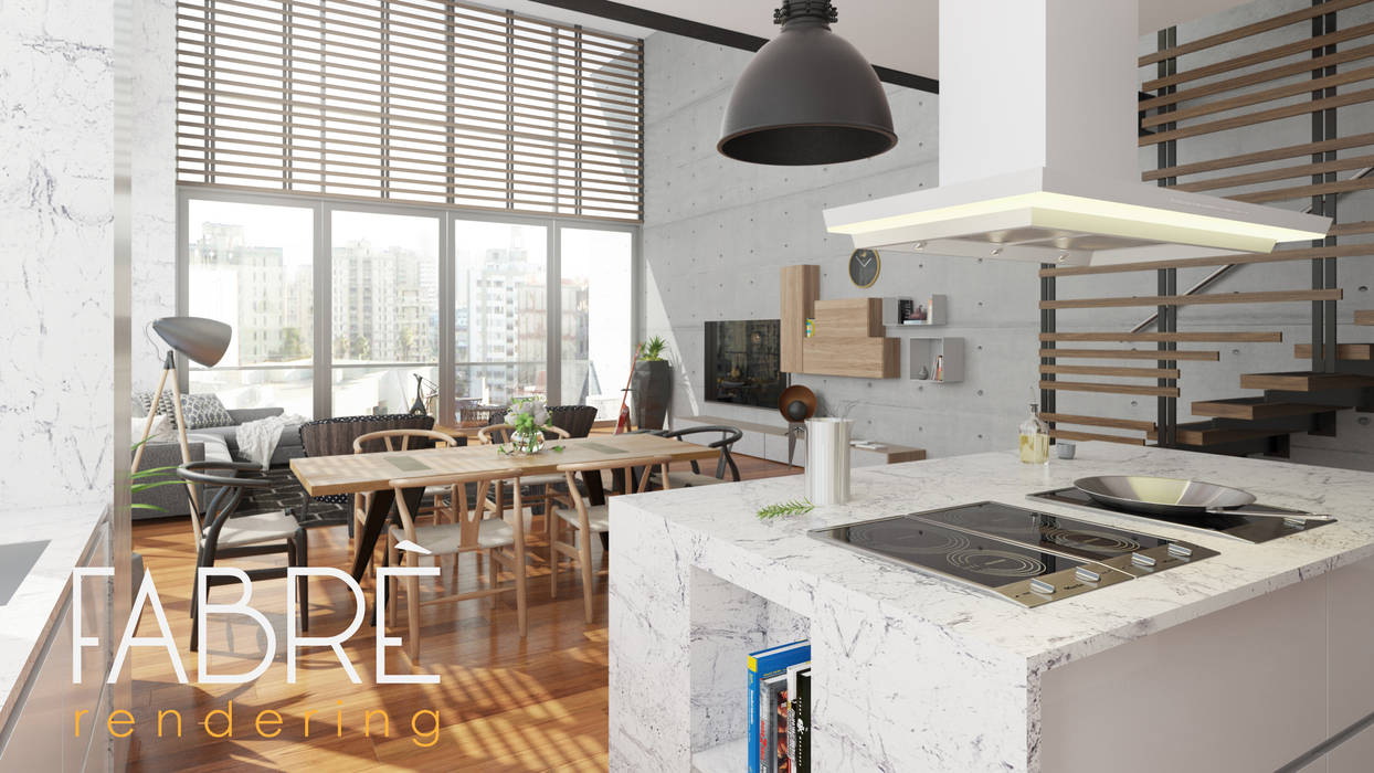 LOFT - INTEGRACION FABRE STUDIOS Cocinas de estilo moderno LOFT,SALA COMEDOR,RENDERING,FABRE,RENDER,VRAY,CORONA RENDERER