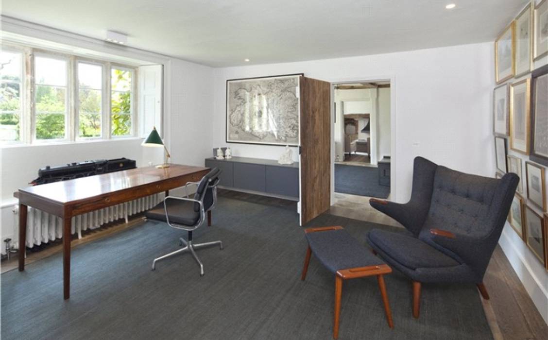 Stones Farm Study My-Studio Ltd Study/office Wood Wood effect study,rustic,country,contemporary,wooden floors,papa bear chair,map,flatweave rug,danish desk,pastoe cabinet