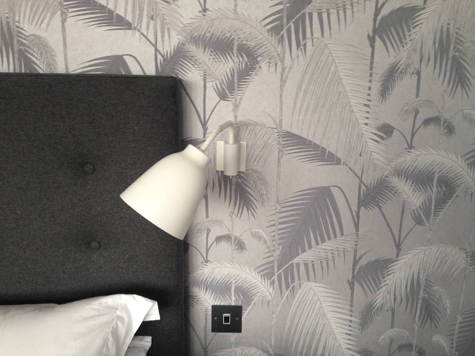 Victorian renovation - Master Bedroom suite My-Studio Ltd Chambre moderne wallpaper,palm wallpaper,white reading light,grey fabric headboard
