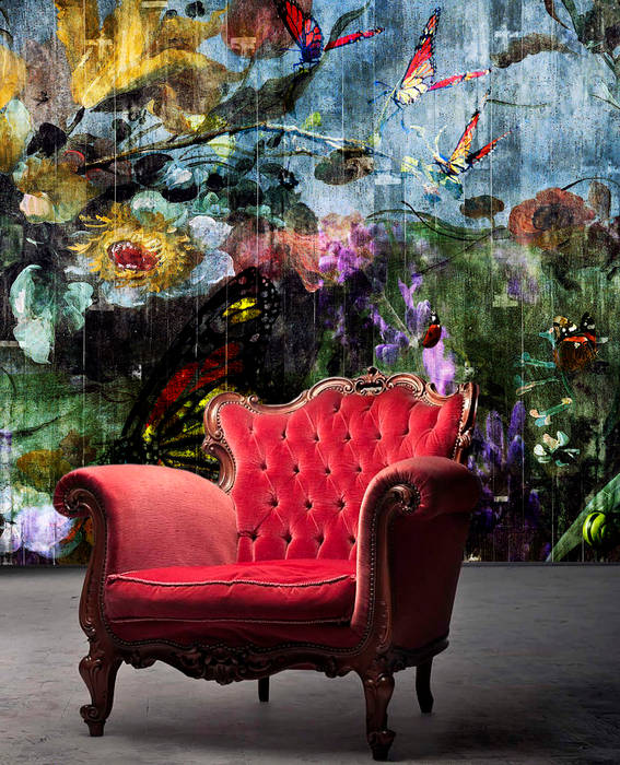 'Butterfly Garden' Wallpaper La Aurelia Tropische muren & vloeren behang,behangvoorstelling,kunst op behang,bloemen,blauw,rood,oranje,groen,slak,vlinder,boeket,bloem,,'