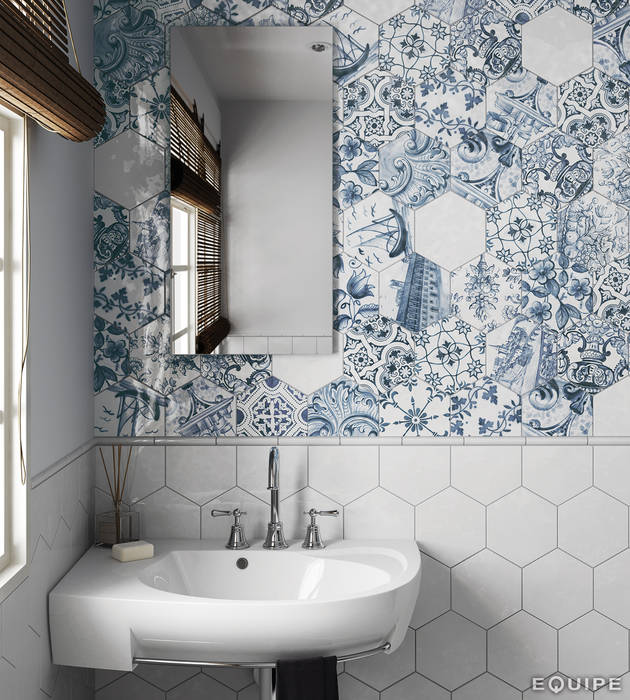 Hexatile Blanco Brillo, Decor Patchwork Lisboa 17,6x20,1, Torello Blanco 2x15 Equipe Ceramicas Baños de estilo rústico industrial,moderno,decor,architect,architecture,shape,form,hexagon,hexatile,tile,wall floor tile,porcelain tile,bathroom,kitchen,dinning room,saloon,modern,traditional,patchwork,design,ceramic,flooring,mediterranean,'