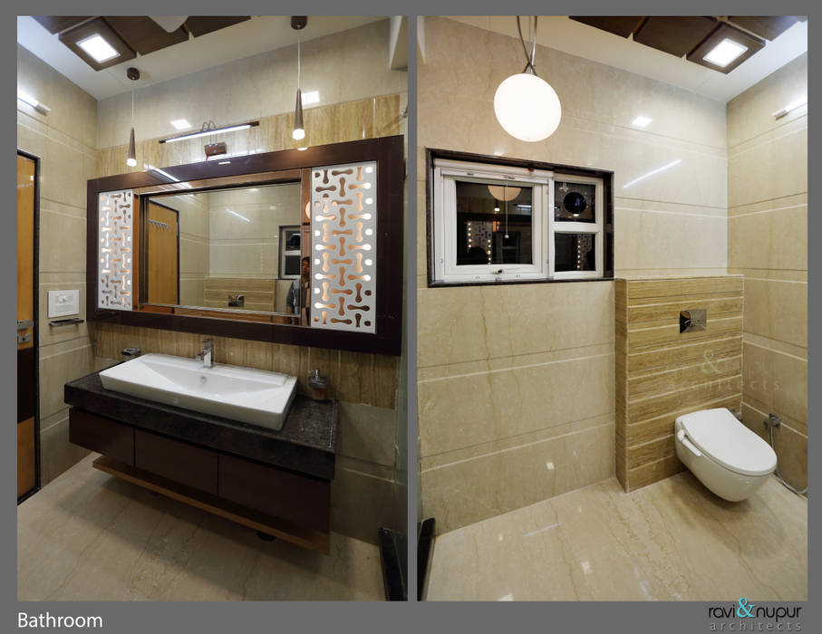 Three Storey Grand Residence @Paota,Jodhpur, RAVI - NUPUR ARCHITECTS RAVI - NUPUR ARCHITECTS Modern bathroom Mirror,Sink,Furniture,Plumbing fixture,Tap,Building,Bathroom,Interior design,Floor,Bathroom cabinet