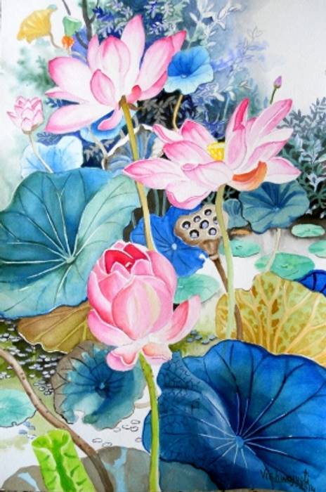 Pink Lotus Pond Indian Art Ideas Other spaces flowers,floral painting,nature,natural,plant,Pictures & paintings