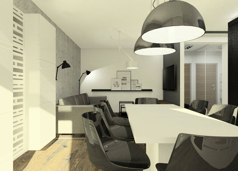 Apartament z czarną fornirowaną wyspą Esteti Design Minimalistyczna jadalnia jadalnia,fornir,design,salon,cześć dzienna