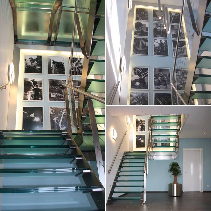 Trappenhal kantoorpand Duratherm LINDESIGN Amsterdam Ontwerp Design Interieur Industrieel Meubels Kunst Bedrijfsruimten trappenhal rvs glas trappen entree ingang ontvangst ontwerp trapdesig stairs stairdesign,Kantoor- & winkelruimten