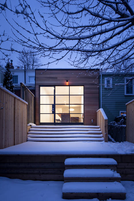 View of Cedar Clad Addition STUDIO Z Kitchen Solid Wood Multicolored Snow,Sky,Window,Plant,Branch,Tree,Freezing,Shade,Residential area,Building
