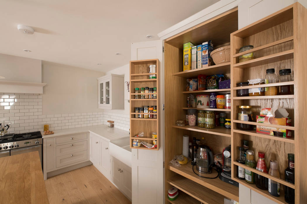 plain and simple Chalkhouse Interiors Classic style kitchen Wood Wood effect handmade,kitchen,shaker,white,grey,oak,larder,range cooker,hood,metro tiles,subway tiles,microwave