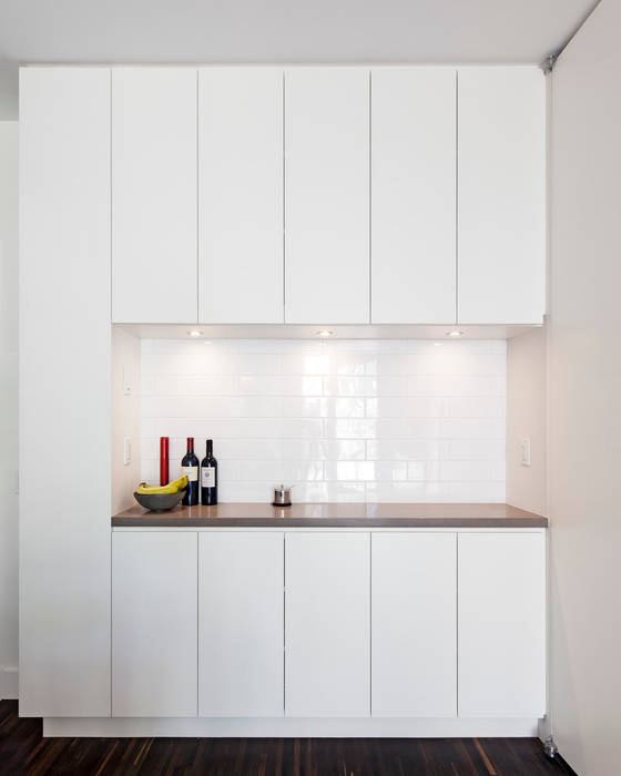 Coffee Bar STUDIO Z Modern kitchen bulletin board,custom millwork,white kitchen,white subway tiles,open shelves,stainless steel appliances,'