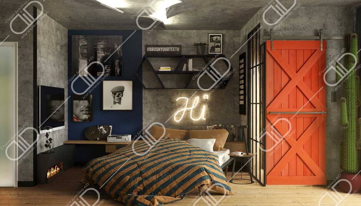 ​Interior Design and Rendering, Design Studio AiD Design Studio AiD Industrial style bedroom Concrete