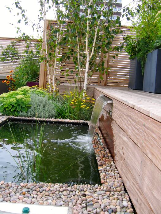 Penthouse Terrace, St. Stephens Gardens, London, GreenlinesDesign Ltd GreenlinesDesign Ltd Balcones y terrazas escandinavas Birch,garden Pond,Water Feature,Venetian Trellis,Privacy Trellis,Rooftop