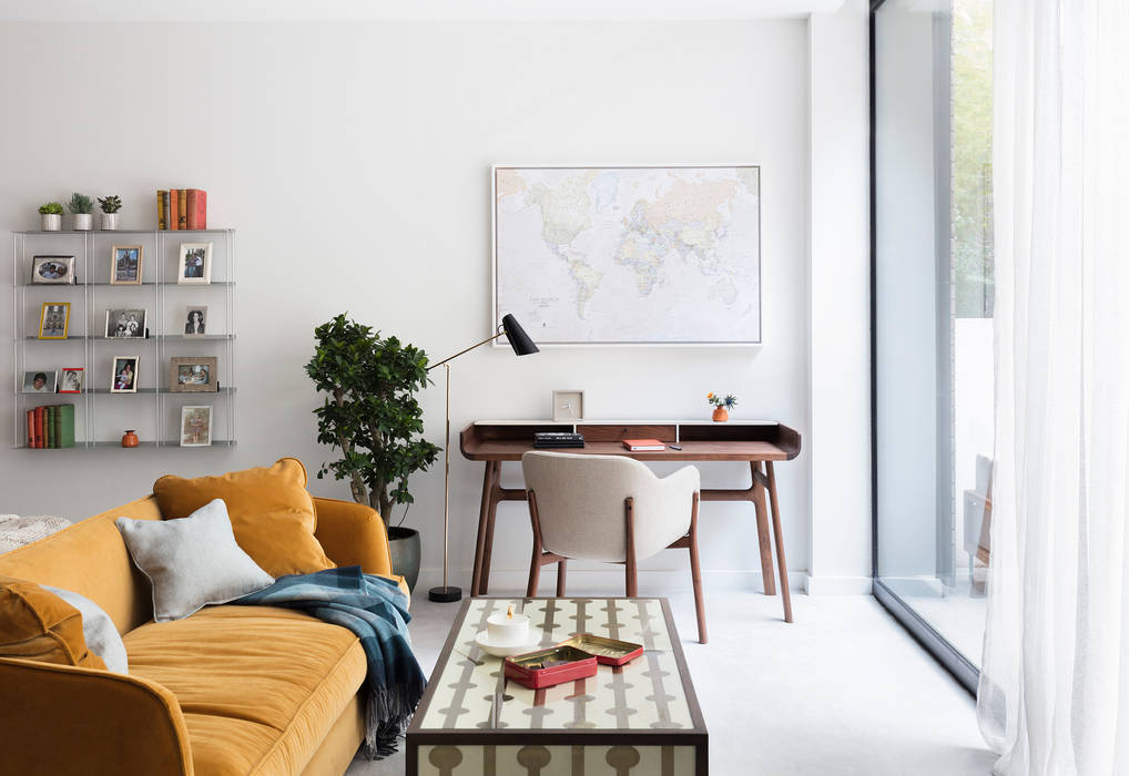 Modern New Home in Hampstead - Working corner Black and Milk | Interior Design | London Commercial spaces desk,sofa,map,floorlamp,Office spaces & stores