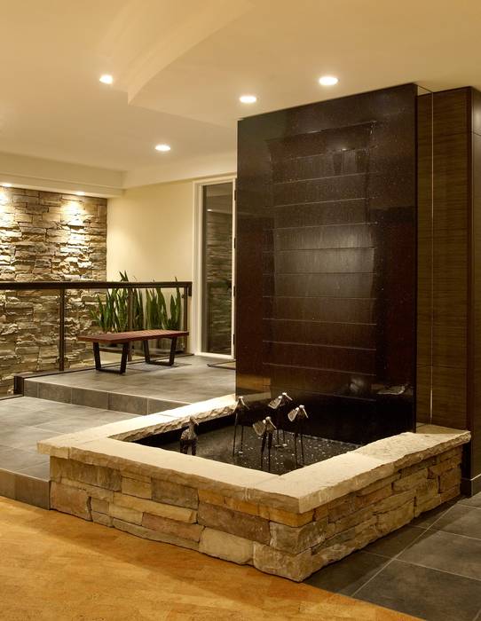 Benchscape Lex Parker Design Consultants Ltd. Modern Corridor, Hallway and Staircase entry,foyer,indoor waterfall,waterfall,pond,water feature,stone walls,stairs,glass railing