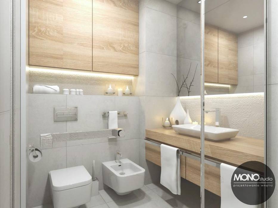 Jasna, rozświetlona łazienka MONOstudio Skandynawska łazienka projektowanie wnętrz,interior design,architektura wnętrz,styl skandynawski,styl minimalistyczny,mała łazienka,łazienka,jasne barwy,drewno