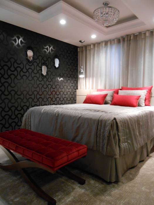 contempory master bedroom. Black,beige,grey and red Mariana Von Kruger Eclectic style bedroom recamier,red,cushions,bed,color link