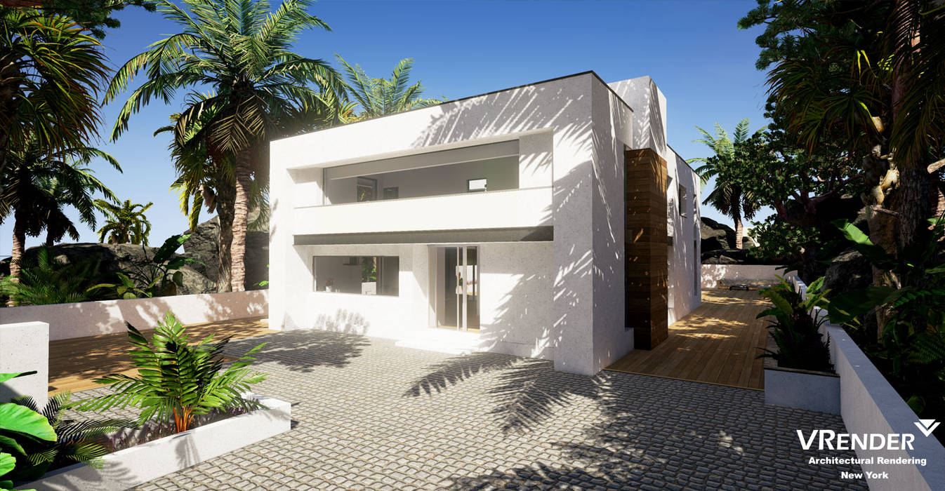 3D Exterior Rendering Vrender.com Tropical style balcony, veranda & terrace