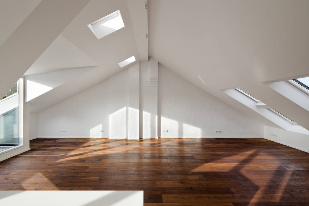 living area & kitchen brandt+simon architekten Modern Kitchen attic expansion,Berlin,white,dormer,roof-top window,wood