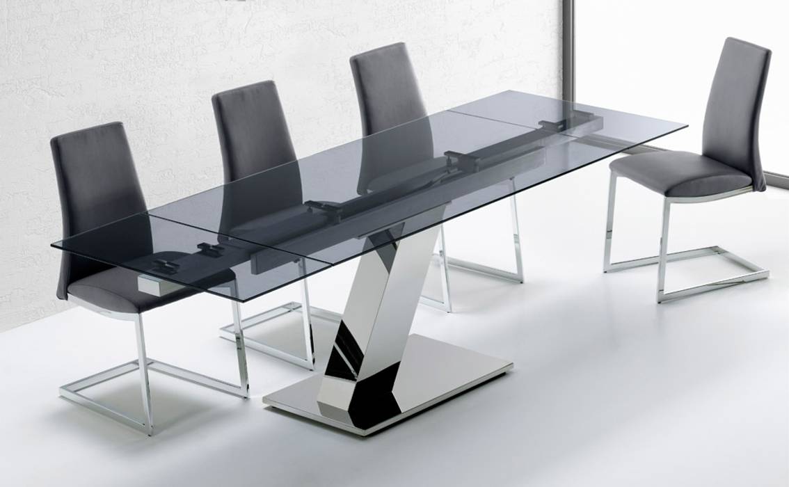 Mesas de refeições extensíveis em vidro Extending glass dining tables www.intense-mobiliario.com AVAJ RETNEC http://intense-mobiliario.com/pt/mesas-cozinha-extensiveis/4083-mesa-avaj-retnec-.html﻿, Intense mobiliário e interiores Intense mobiliário e interiores Modern Dining Room Tables