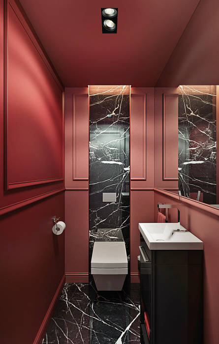 ​Restroom design. NYC KAPRANDESIGN Ванная комната в эклектичном стиле Камень restroom,design,red interior,bathroom,home,new york design,kaprandesign,red,stone,dark room