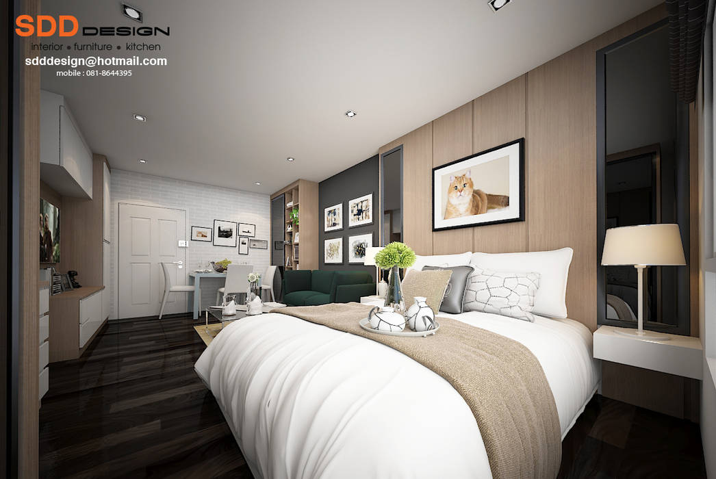 งานออกแบบคอนโด D-condo ของคุณณัฐพงษ์ โมเดิร์นเรียบ สีเข้ม จุของได้เยอะๆ SDD Design ห้องนอน เตียงนอนและหัวเตียง