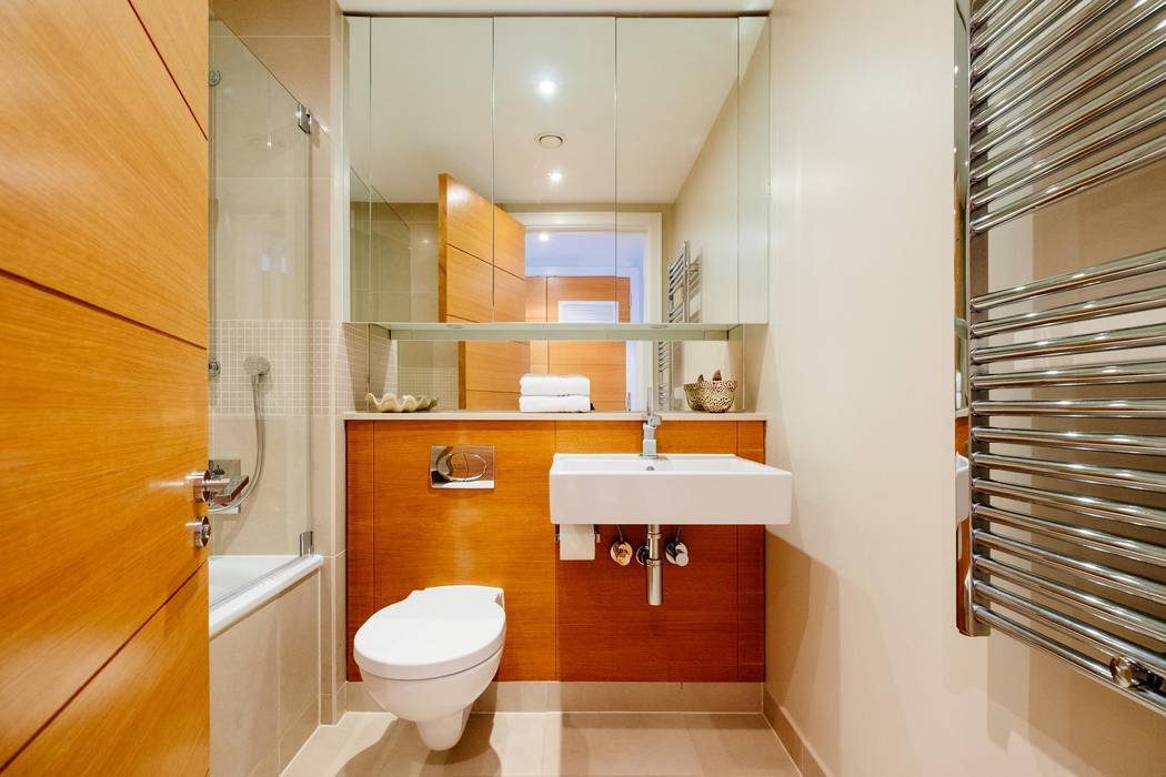 homify Eclectic style bathrooms bathroom,wall hung basin,wall hung toilet,chrome bottle trap,wooden,holiday home