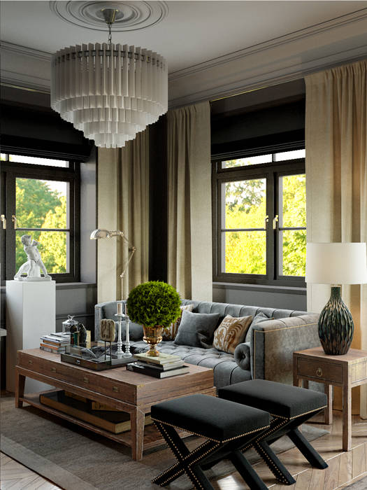 Интерьер гостиной Studio 25 Гостиная в средиземноморском стиле американский стиль,серый диван,шторы бежевые,аксессуары,статуя