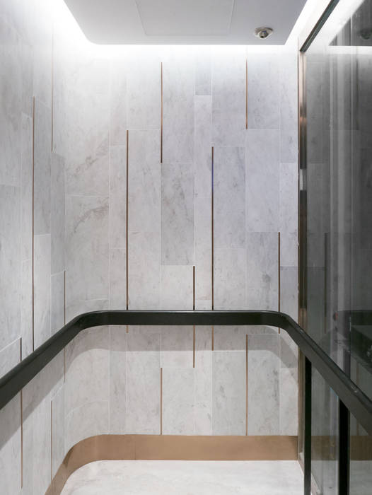Passenger Lift Sensearchitects_Limited Modern corridor, hallway & stairs Stone lift,pattern,simple,interior,details,cool,white,tile pattern