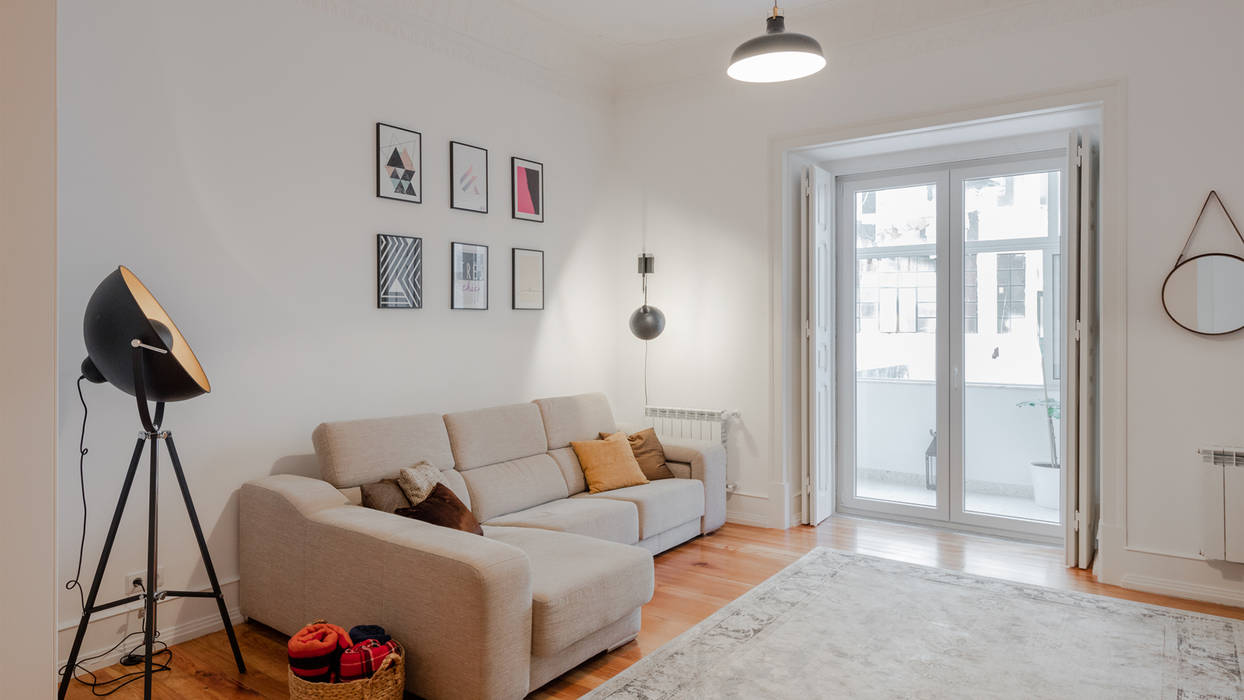 Apartamento MR — Bairro das Colónias, Lisboa, FMO ARCHITECTURE FMO ARCHITECTURE モダンデザインの リビング