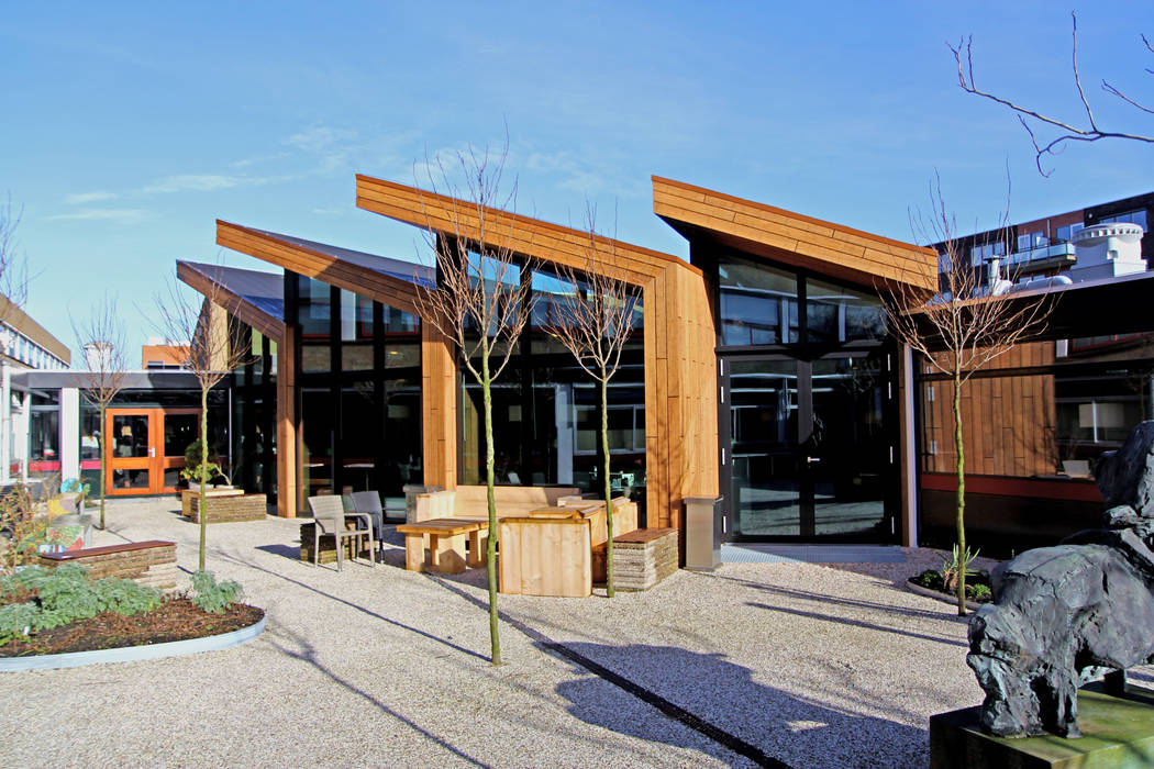 Schuine lijnen doorkruisen originele structuur OX architecten Bedrijfsruimten Bamboe Groen bamboe,school,modern,Scholen