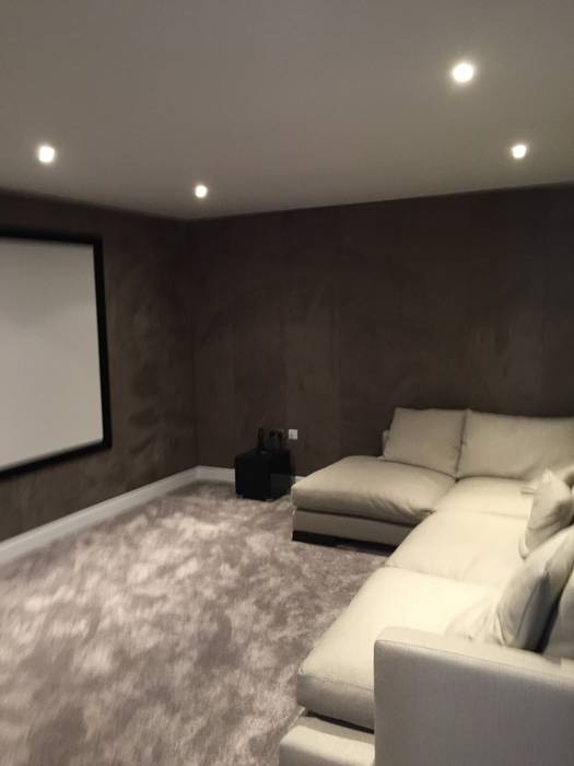 Cinema Room with bespoke suede fabric walls, Designer Vision and Sound Designer Vision and Sound Modern style media rooms