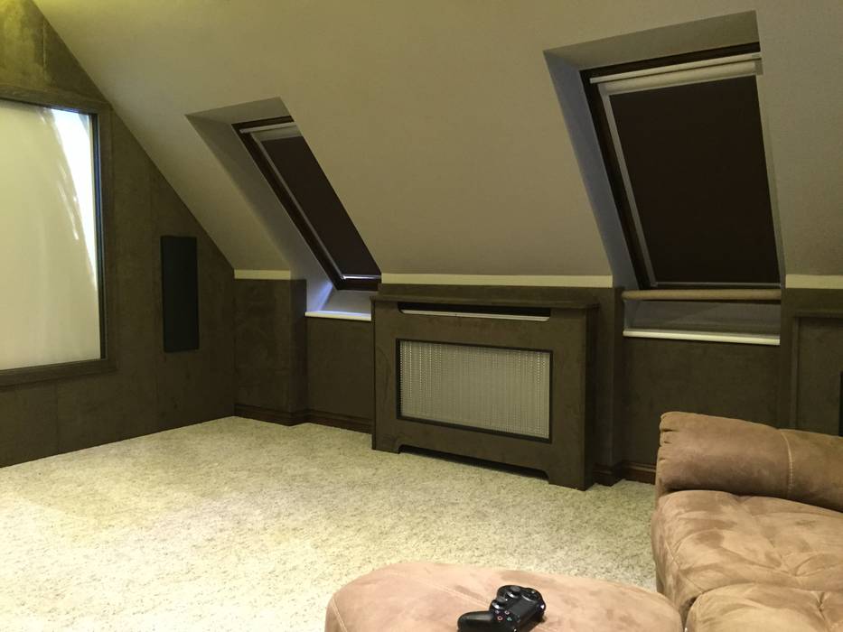 Loft Cinema Room with fabric walls and LED lowered ceiling, Designer Vision and Sound Designer Vision and Sound Modern style media rooms