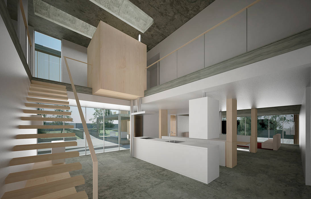 Entrada - Vista da cozinha e sala e escada de subida para os quartos Mário Lima - arquitecto Salas de estar modernas Betão armado Construção,Madeira,Pisos,corredor,Piso,Sombra,Condomínio,Design urbano,Fachada,Plantar