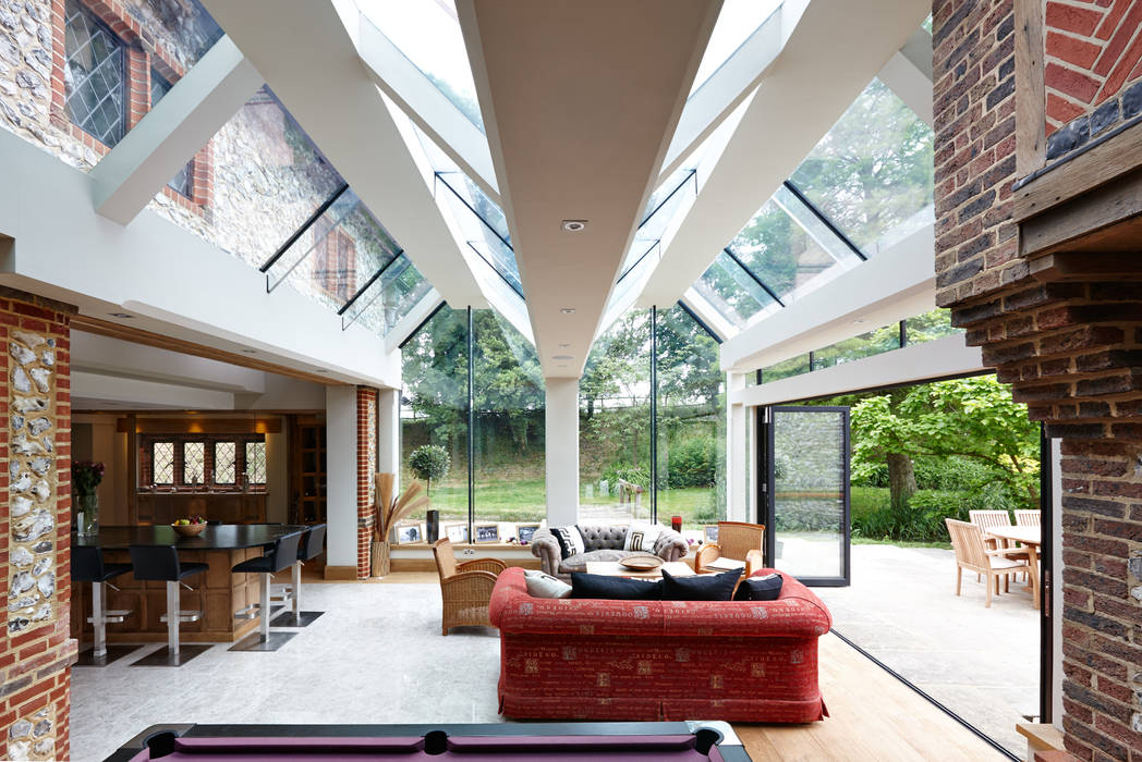 Internal photo Trombe Ltd Modern Living Room bifold,doors,glazing,living,extention,structural glazing