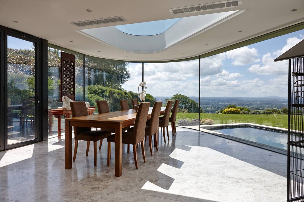 Internal photo Trombe Ltd Modern dining room curved glass,structural glazing,dining,extention