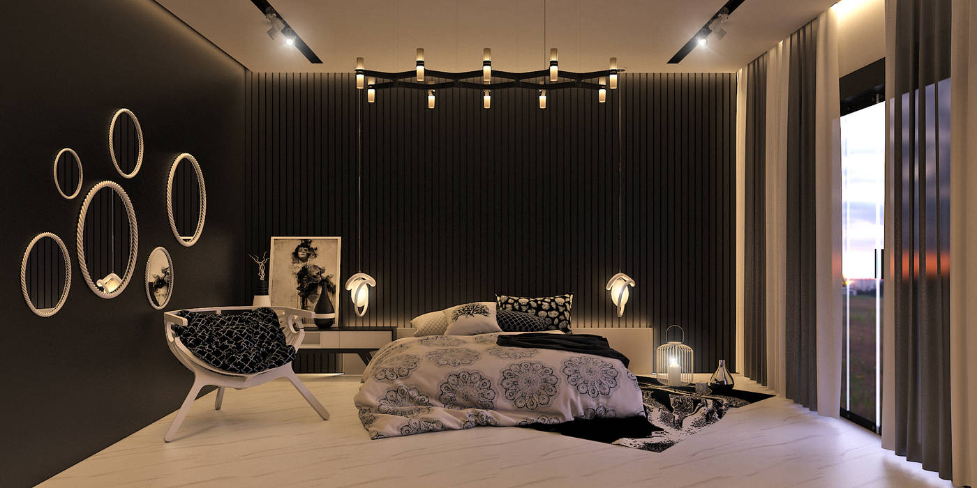 black and white bedroom, KARU AN ARTIST KARU AN ARTIST Modern style bedroom Property,Comfort,Decoration,Light,Product,Building,Textile,Wood,Lighting,Interior design