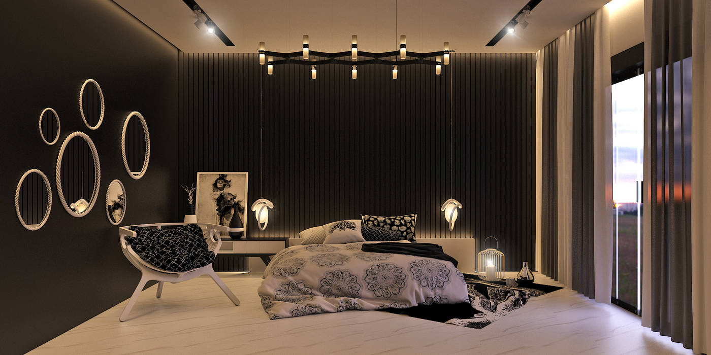 black and white bedroom, KARU AN ARTIST KARU AN ARTIST Nowoczesna sypialnia