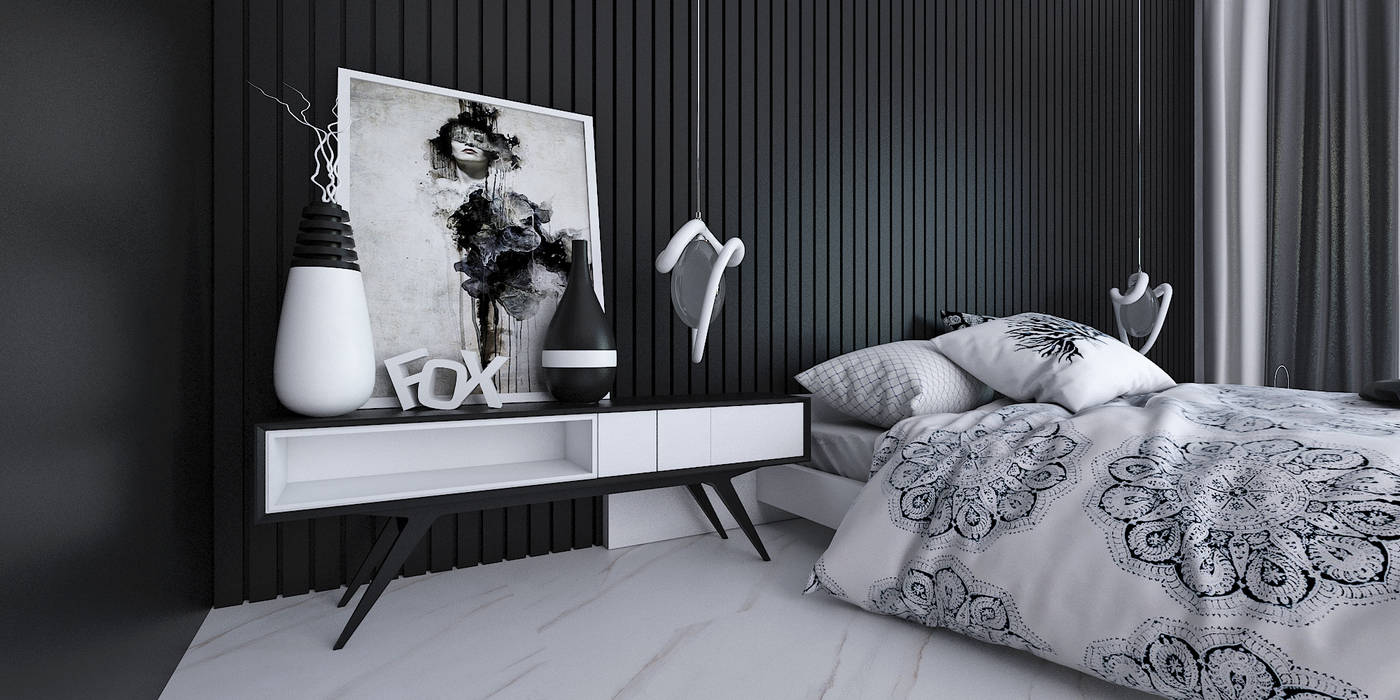 black and white bedroom, KARU AN ARTIST KARU AN ARTIST Modern style bedroom