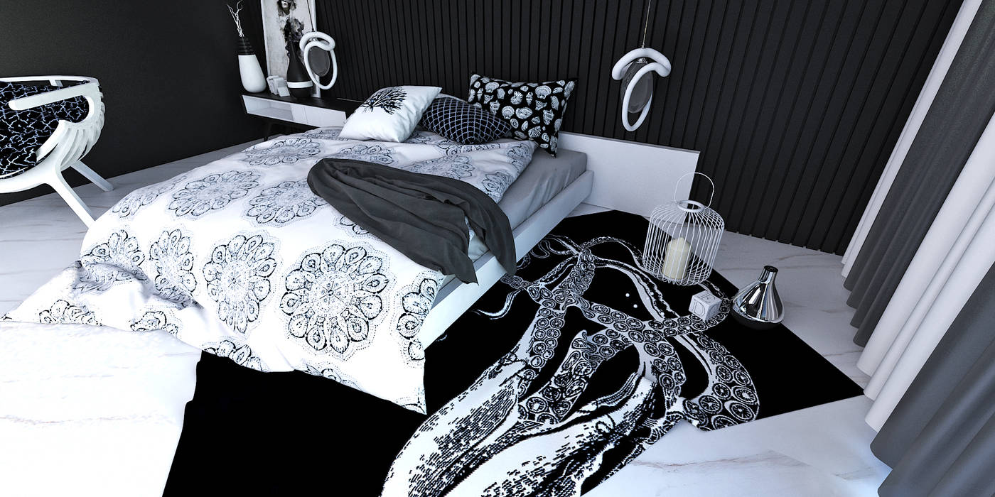 black and white bedroom, KARU AN ARTIST KARU AN ARTIST Modern style bedroom