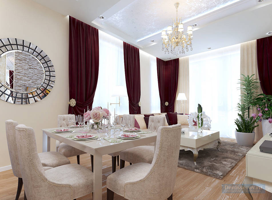 Кухня-гостиная 30 кв. м в современной классике Студия интерьера Дениса Серова Столовая комната в классическом стиле