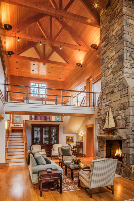 Bold Ocean Cottage - Living Room John Morris Architects Living room Wood Wood effect stone fireplace,balcony,living room,douglas fir,timber frame,wood celilng,wood trim,vaulted ceiling,wood floors