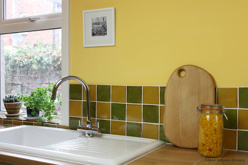 Green & Yellow Wall Tiles | Traditional Range Deiniol Williams Ceramics Dinding & Lantai Gaya Country Keramik tile,handmade,traditional kitchen,country,green,yellow,terracotta,earthenware