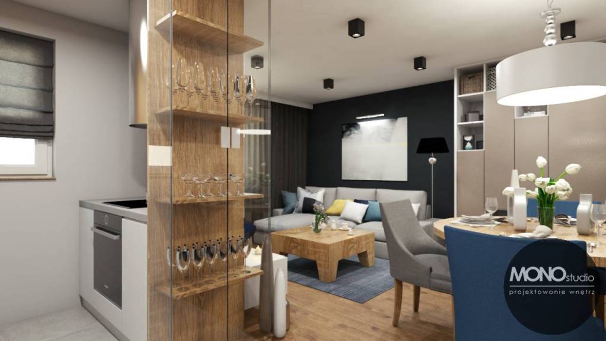 Mieszkanie stanowiące połączenie różnych stylów z charakterystycznymi niebieskimi dodatkami, MONOstudio MONOstudio Living room