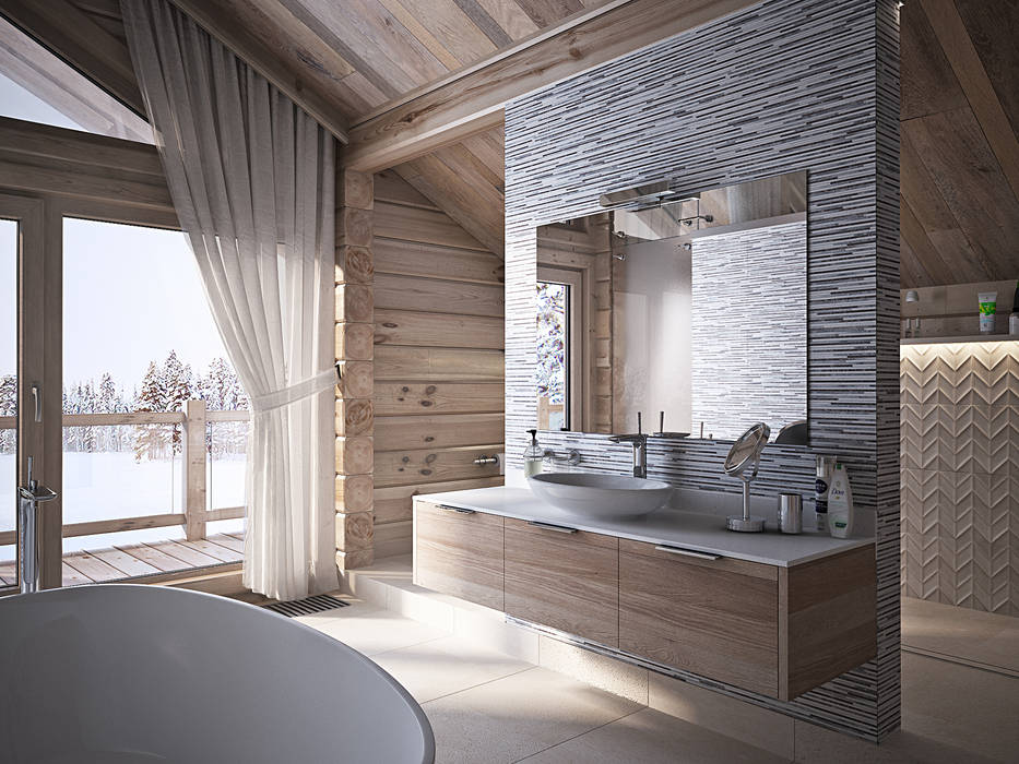 Загородный дом из бруса, премиум интериум премиум интериум Ванная комната в стиле минимализм